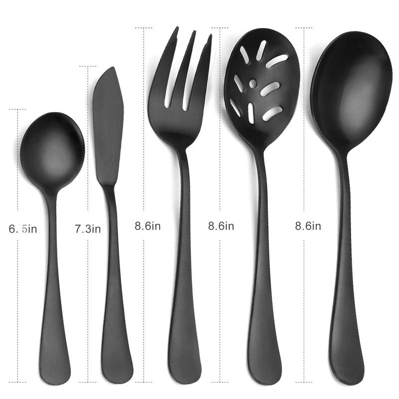 sharecook Matte Black Serving Setï¼ŒSHARECOOK 5-Piece 18/0 Stainless Steel Large Hostess Set with Round Edge, Satin Finished, Dishwasher Safe -Spoons, Forks,Butter Knife& Slotted Spoon - Image 2